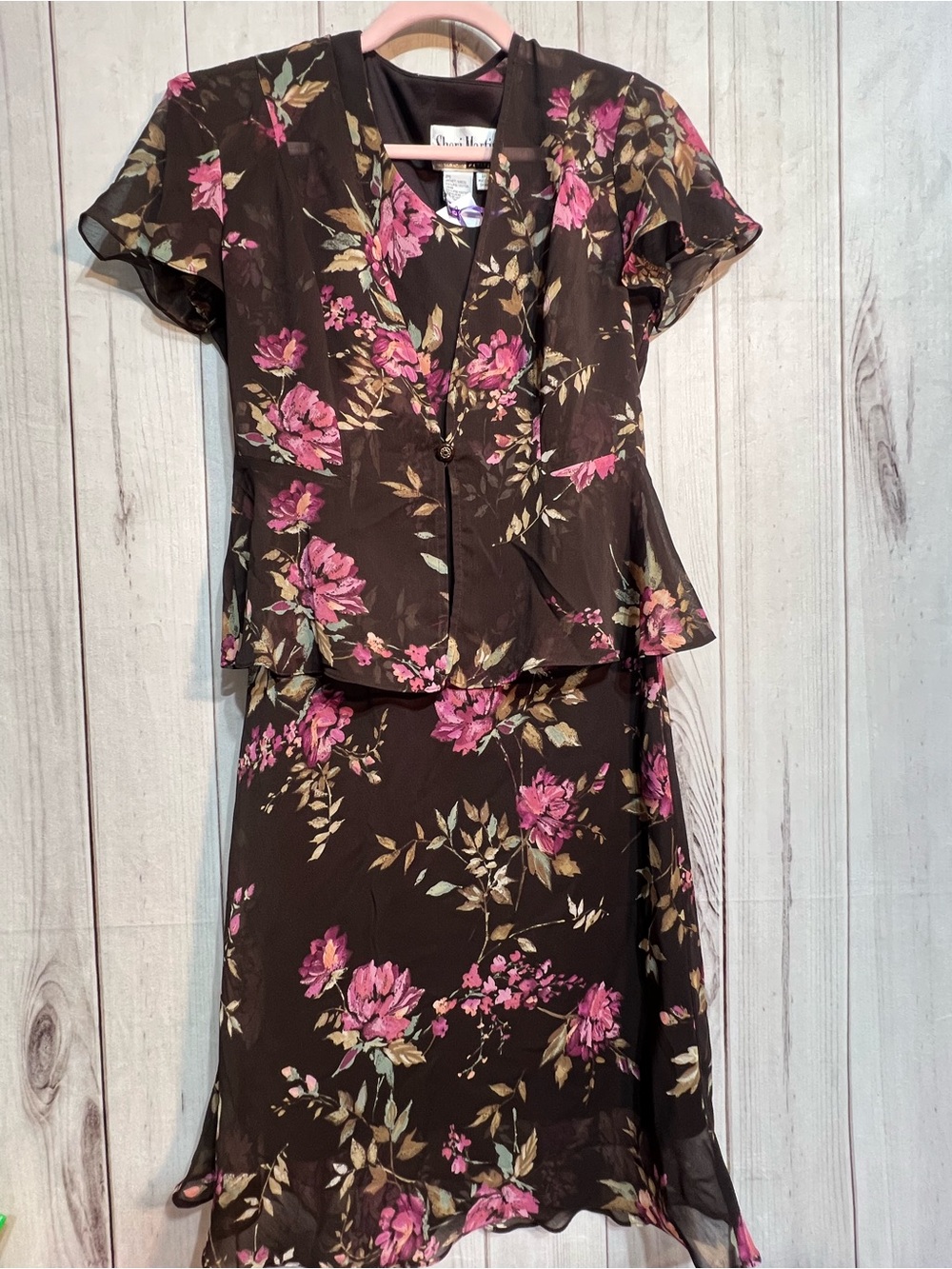 Sheri Martin Brown Floral Midi Dress with Pink Rose Print Size 4P